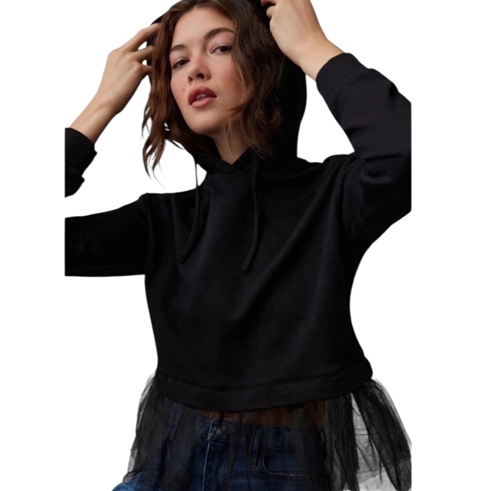 Anthropologie Black Hooded Sweatshirt with Tulle Hem